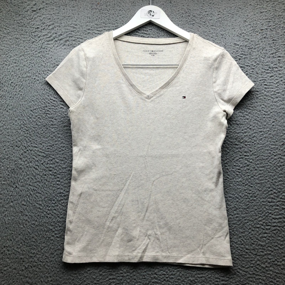 Tommy Hilfiger T-Shirt Women's Large L Short Sleeve V-Neck Ribbed Knit Logo Gray